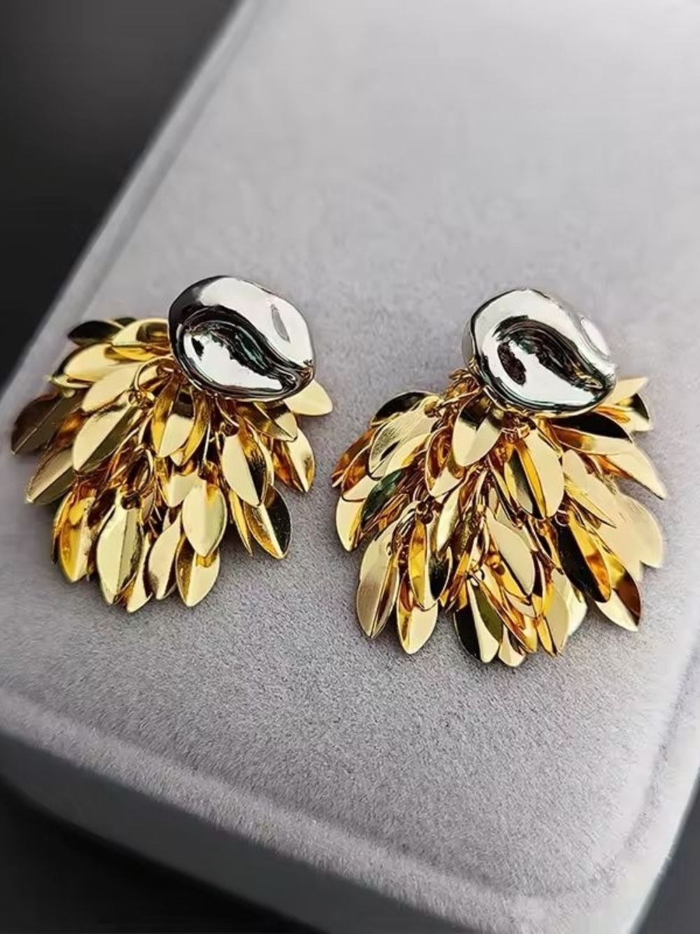 Gold and Silver Leaf Cluster Drop Earrings - Picture 7 of 11